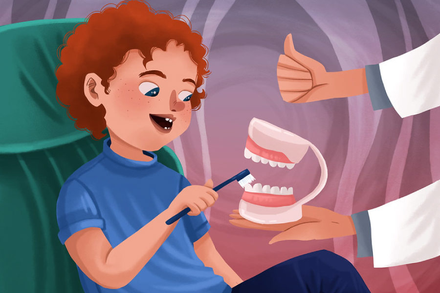 Cartoon of a child in the dental chair practicing tooth brushing techniques on a mouth model.